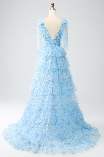 A-Line V-Neck Light Blue Tiered Long Ball Dress